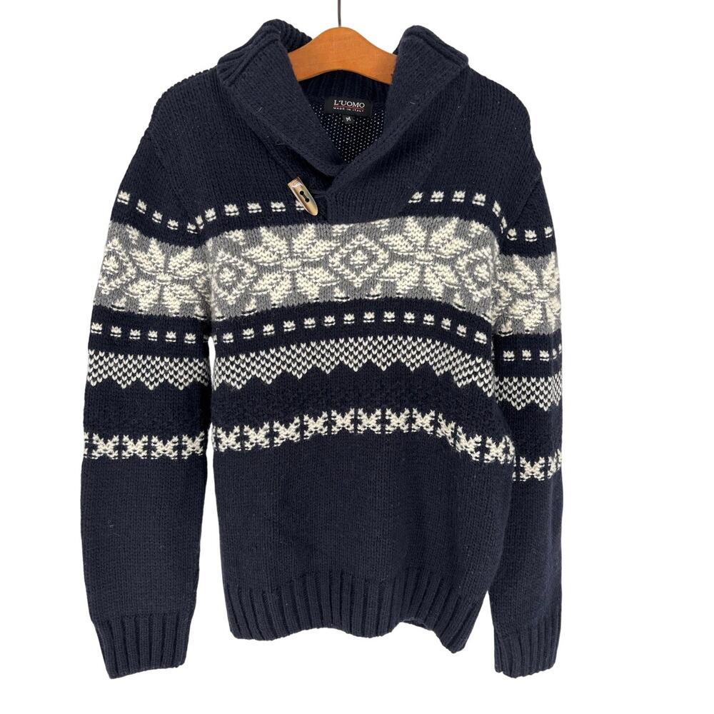 L’uomo Fair Isle Wool Blend Snowflake Sweater, Mens M, Made in Italy, Shawl Neck